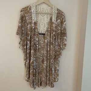 CURE. Woman's L Paisley Print Sheer Kimono Shrug with Crochet Detail Beige